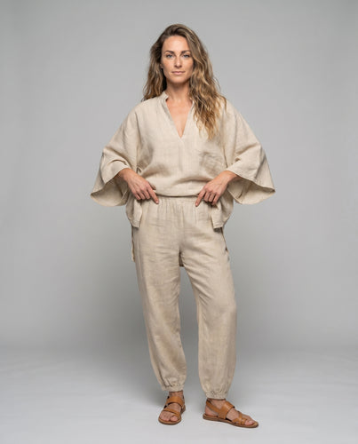 Damen Elegante und luftige Leinenbluse mit weit geschnittenen Ärmeln und passenden Hose EB