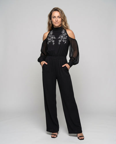 Damen Elegante und stilvolle Jumpsuit mit offenen Schultern und dekorativer Blütenstickerei EB