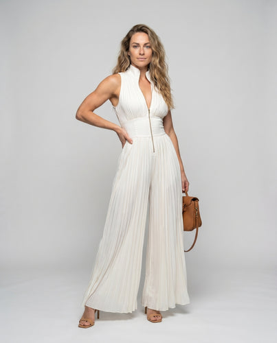 Damen Eleganter Jumpsuit mit plissierten Details und hohem Kragen EB
