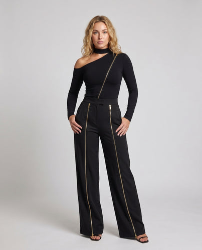 Damen Eleganter One-Shoulder Jumpsuit mit goldenen Reißverschlussdetails EB