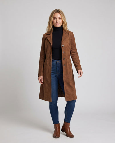 Damen Eleganter Wildledermantel mit praktischen Taschen und stylischem Schnitt EB