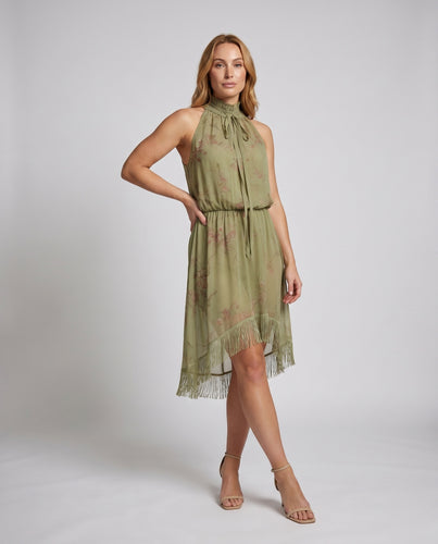 Damen Elegantes Chiffonkleid mit hochgeschlossenem Design und fransigen Abschlüssen EB