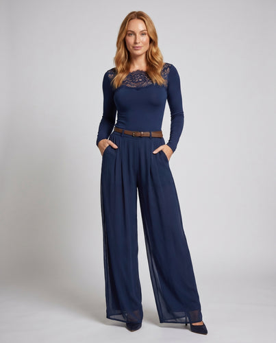 Damen Elegantes Jumpsuit mit Spitzenbesatz und weitem Bein EB