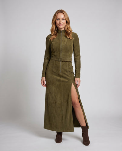 Damen Elegantes Langarm Kleid mit hochgeschlossenem Reißverschluss und seitlichem Schlitz EB