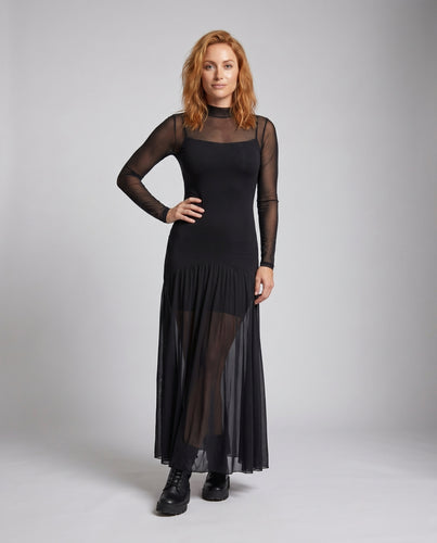 Damen Elegantes langärmliges Maxi-Kleid mit transparenten Einsätzen EB