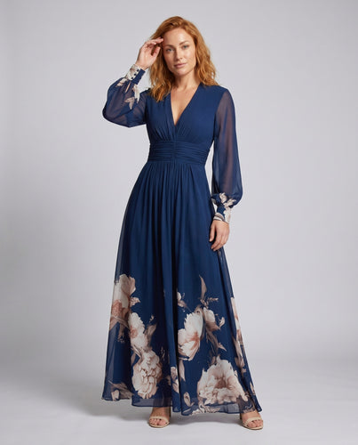 Damen Elegantes Maxikleid mit floralem Chiffon und gerafftem Bund EB