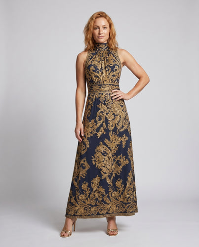 Damen Elegantes Maxikleid mit hochgeschlossener Spitze und dekorativem Muster EB