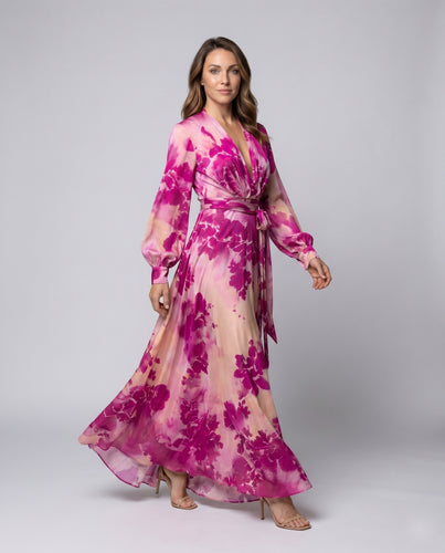 Damen Elegantes Maxikleid mit tiefem V-Ausschnitt und floralem Design EB