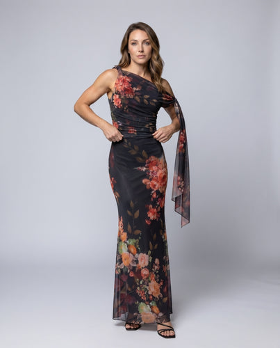Damen Elegantes One-Shoulder-Kleid mit floraler Druckgestaltung EB