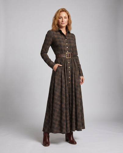 Damen Karierte Blusenkleid mit Taillengürtel und Seitentaschen EB