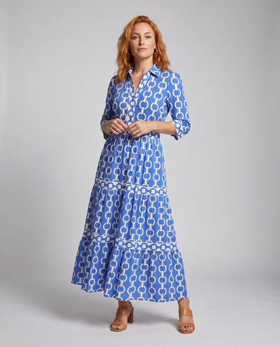 Damen Langarm-Hemd-Kleid mit Kettenmuster und voluminösem Rock EB