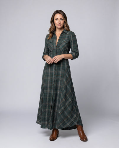 Damen Langarm-Hemd-Maxi-Kleid mit Karo-Muster EB