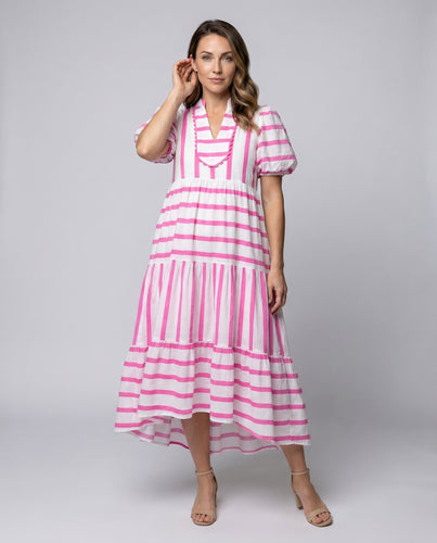 Damen Langarm-Maxi-Kleid mit modernen Streifen und Rüschendetails EB