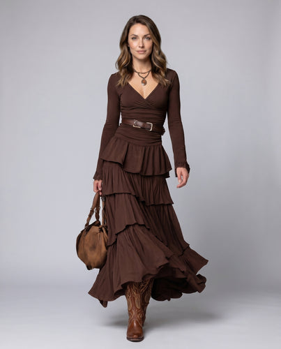 Damen Langarm-Rockkleid mit Rüschen und elegantem Gürtel EB