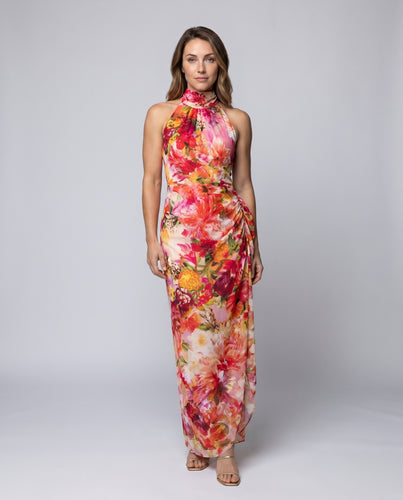 Damen Langärmliges Maxikleid mit botanischem Print und hochgeschlossenem Kragen EB