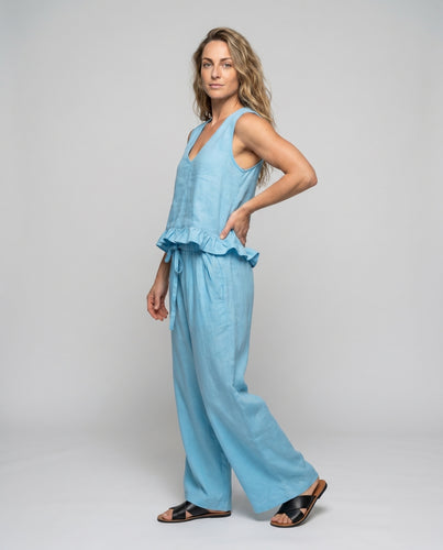 Damen lässiger Sommeranzug mit Rüschendetails und weiten Beinen EB
