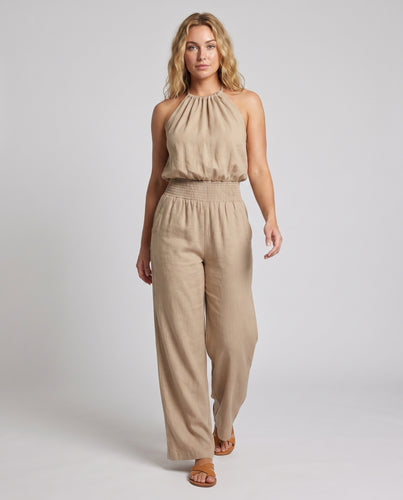 Damen Leichte Leinen-Jumpsuit mit elastischem Bund und weitem Bein EB