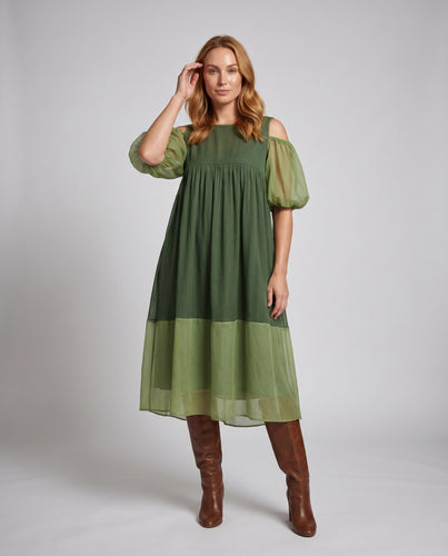 Damen Luftiges Midi-Kleid mit ballonförmigen Ärmeln und Rundhalsausschnitt EB