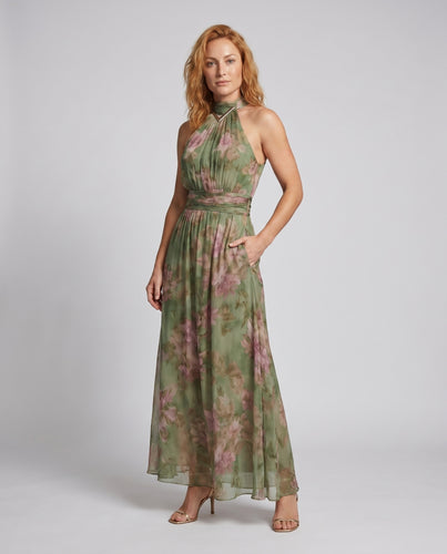 Damen Maxi-Kleid mit haltem Ausschnitt und floralen Details EB