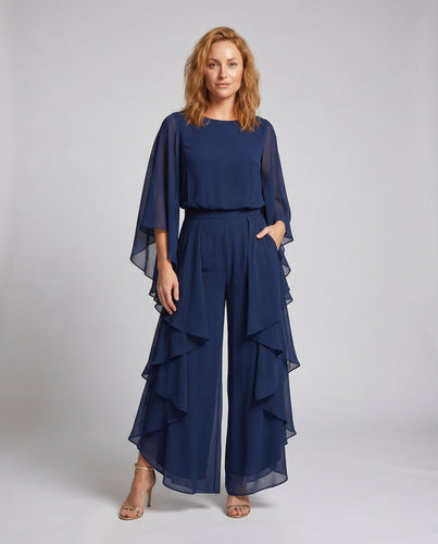 Damen Maxikleid mit elegantem Chiffon-Überwurf und tailliertem Schnitt EB
