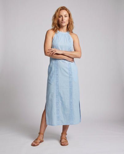 Damen Maxikleid mit hochgeschlossenem Design und verziertem Einsätzen EB