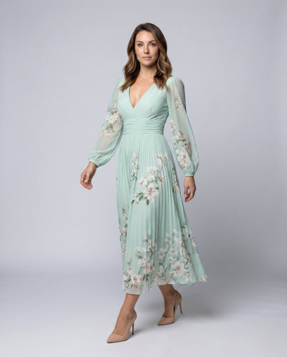 Damen Maxikleid mit tiefem V-Ausschnitt und floralen Details EB
