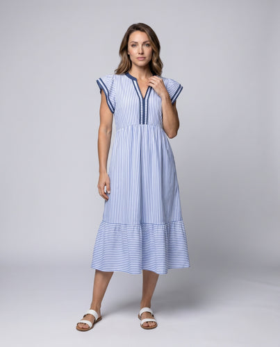Damen Midi-Kleid mit Volant und eingefasstem V-Ausschnitt EB