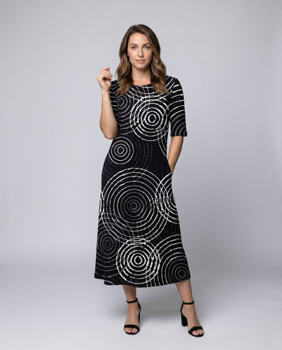 Damen Midikleid mit modernem Kreismuster und lässigem Schnitt EB