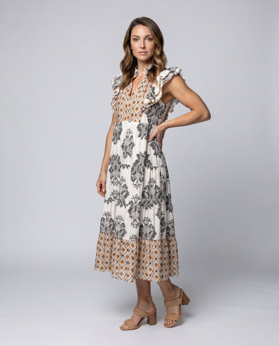 Damen Midikleid mit verspielten Rüschendetails und buntem Muster EB