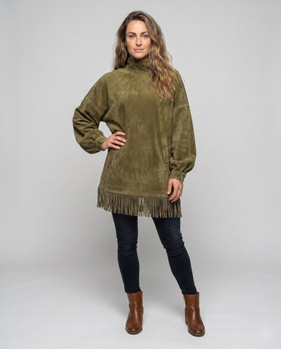 Damen Oversize-Sweatshirt mit Stehkragen und Fransen EB