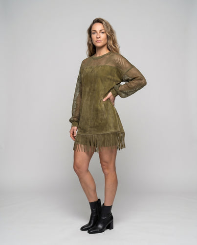Damen Oversized Pullover mit Fransen und Netzdetails EB