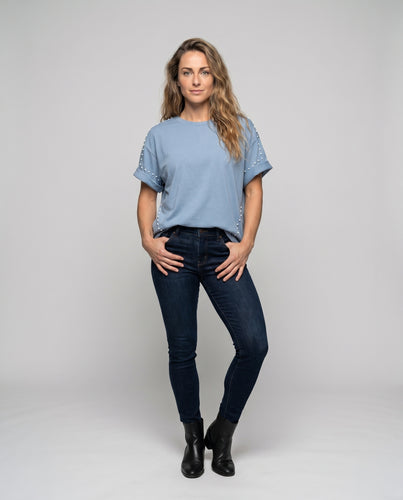 Damen Oversized T-Shirt mit dekorativen Perlendetails EB