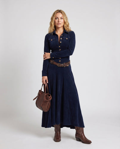 Damen Samtige Longsleeve Hemdkleid mit taillierter Silhouette und Knopfleiste EB