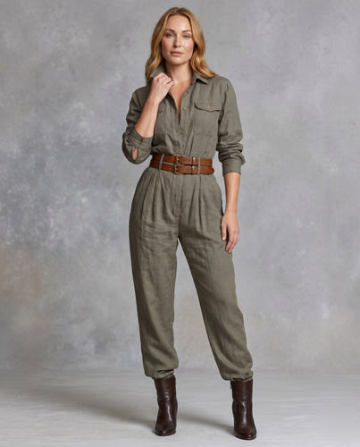 Damen Utility-Jumpsuit mit tiefem Kragen und praktischem Taillengürtel EB