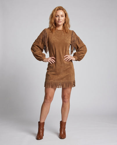 Damen Wildlederkleid mit Fransen und voluminösen Ärmeln EB