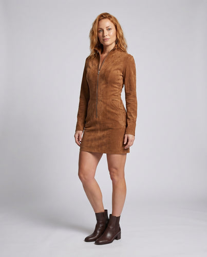 Damen Wildlederkleid mit hohem Kragen und durchgehendem Reißverschluss EB