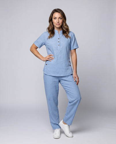 Damen Zweiteiliges Set aus luftiger Bluse mit kurzen Ärmeln und weiten Hosen EB