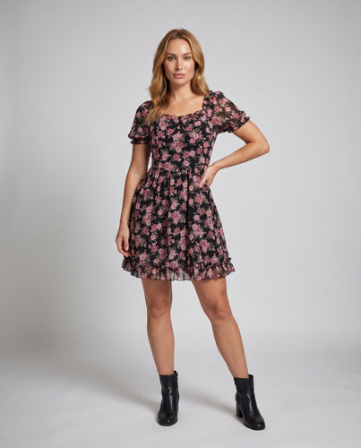 Damen Blumenkleid mit elastischen Ärmeln und schwingendem Rock