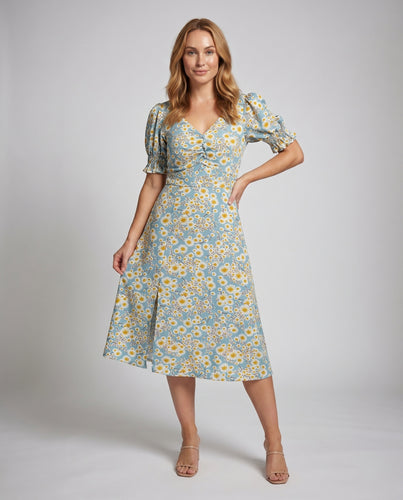 Damen Blumenkleid mit Puffärmeln und schwingendem Saum
