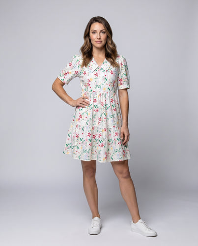 Damen Blumenmuster Sommerkleid mit voluminösem Rock und kurzem Arm
