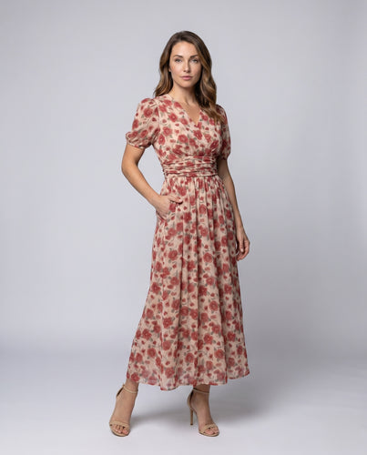 Damen Blumiger Maxikleid mit schwingendem Rock und eleganten Puffärmeln