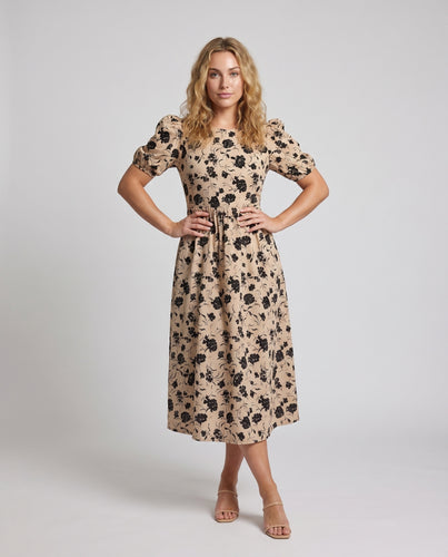 Damen Blütenmuster Midi-Kleid mit Puffärmeln und elastischem Taillenbund