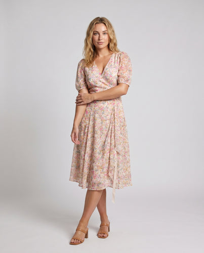 Damen Blütenmuster Midi-Kleid mit Puffärmeln und V-Ausschnitt