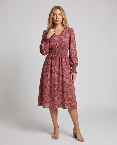 Damen Blütenmuster Midikleid mit dehnbarer Taille und voluminösen Ärmeln