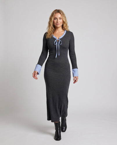 Damen Bodycon-Kleid mit kontrastierenden Manschetten und verstellbarem Satinschleifen-Riemen