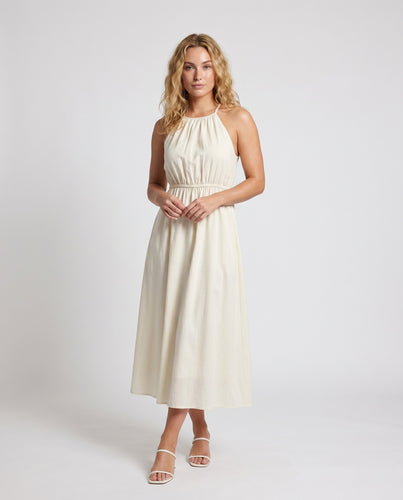 Damen Boho Maxi-Kleid mit Spitzeneinsätzen und elastischem Taillenband