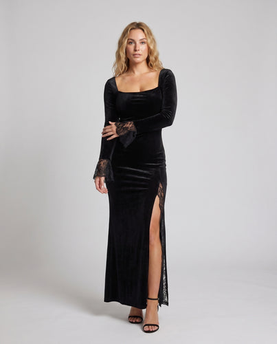 Damen Elegantes Etuikleid mit Spitzenärmeln und sexy Schlitz