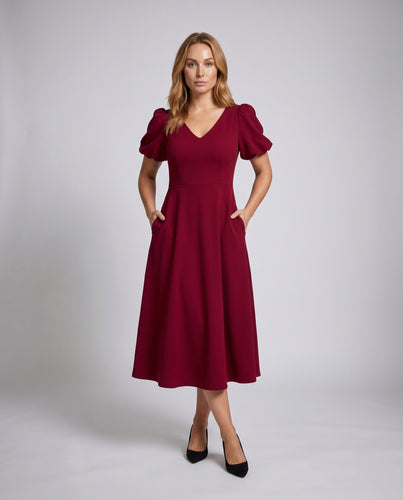 Damen elegantes Kleid mit puffärmel und V-Ausschnitt