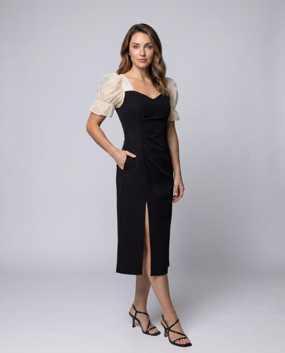 Damen Elegantes Kleid mit Transparenten Puffärmeln und Schlitz