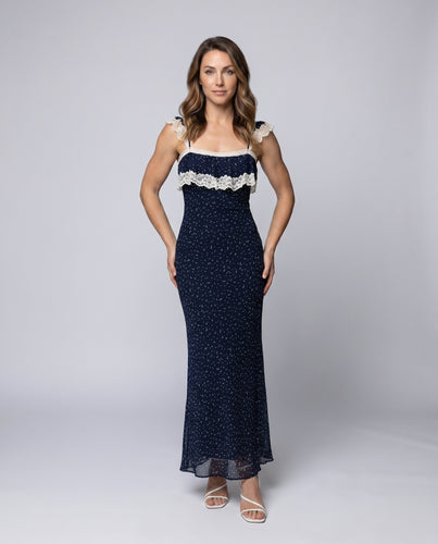 Damen Elegantes Maxikleid mit Rüschendetails und blumigem Muster